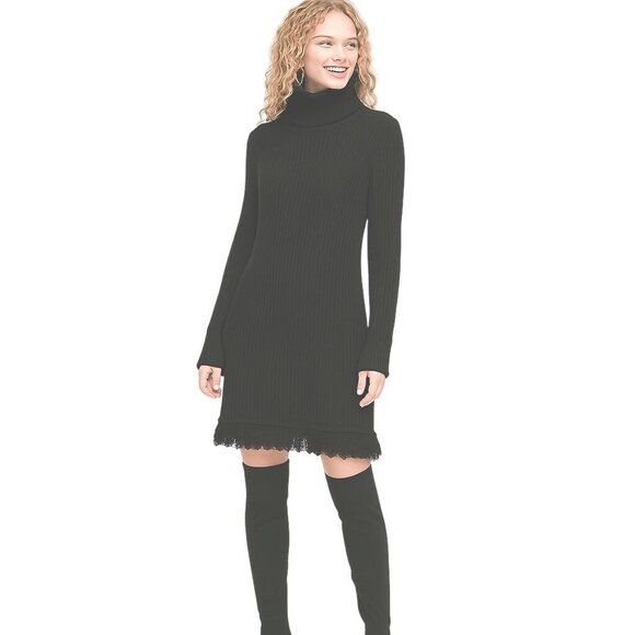 Who What Wear Medium Black Ribbed Knit Turtleneck Sweater Dress Fringe Hem NWT - Picture 1 of 12
